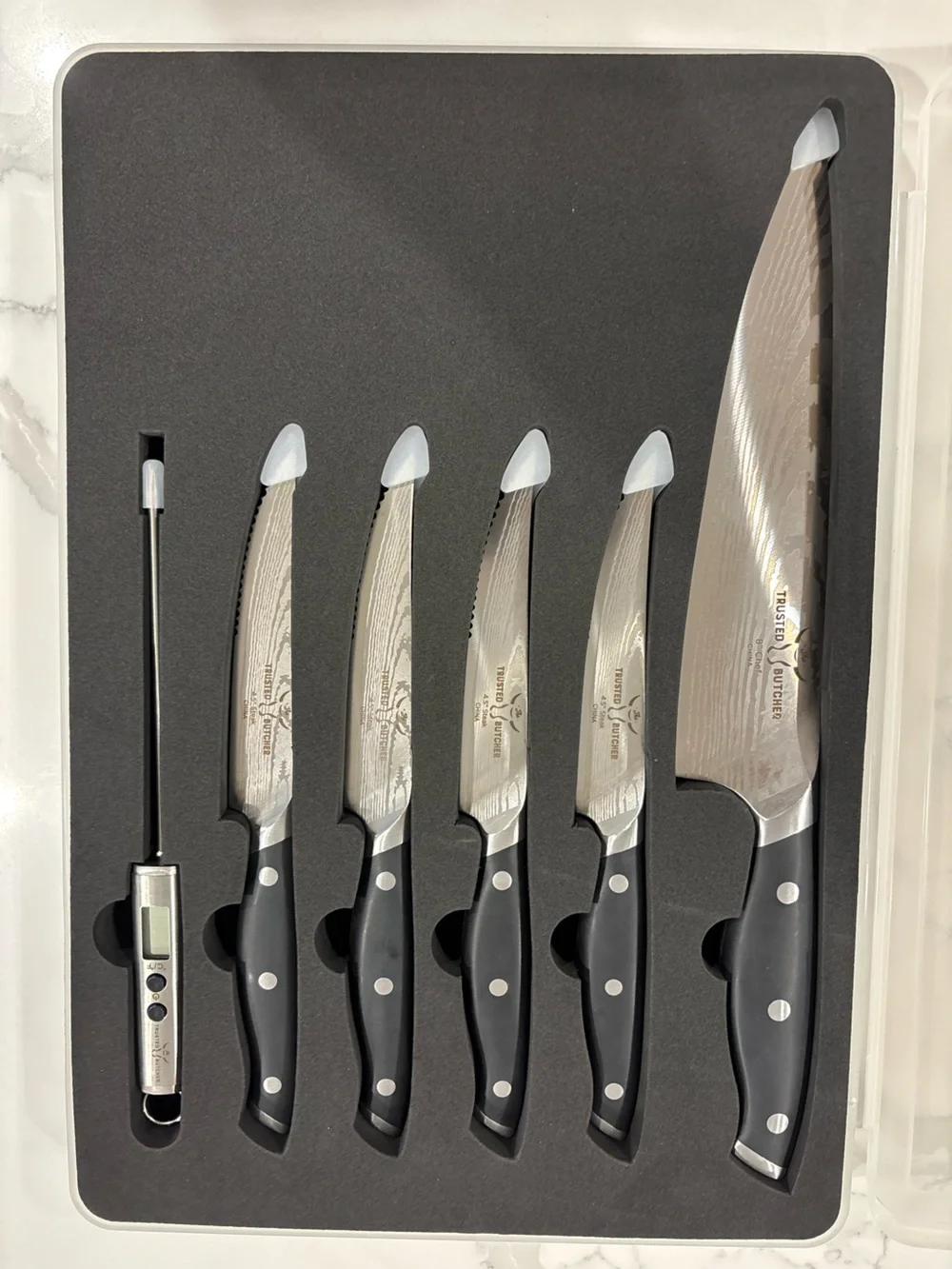 6-Piece Black Handle Steak Knife Set with Thermometer